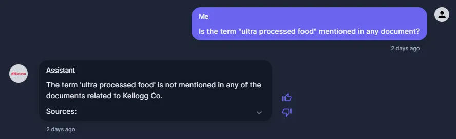 Disclosure Assistant chat answering that the term “ultra processed food” is not mentioned in any Kellanova (Kellogg Co.) document
