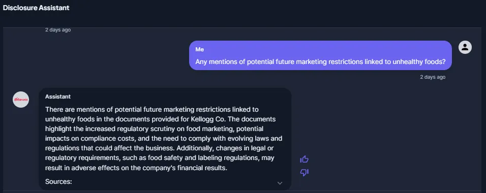 Disclosure Assistant chat finding that Kellanova’s documents mention possible marketing restrictions on unhealthy foods, increased regulatory scrutiny and higher compliance costs