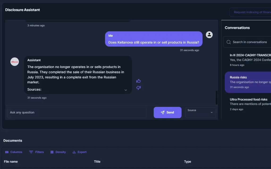 Disclosure Assistant chat answering that Kellanova no longer operates in Russia, having completed the sale of its Russian business in July 2023
